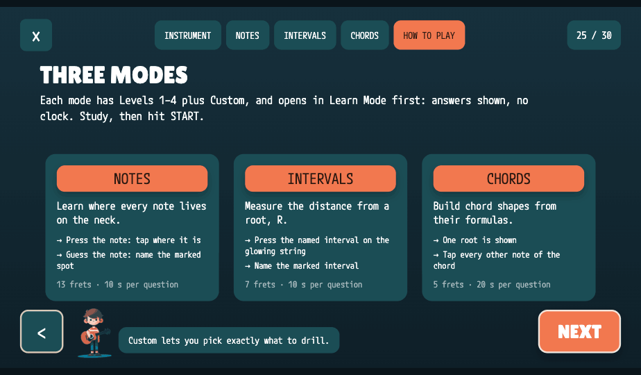 Tutorial screen explaining the three modes