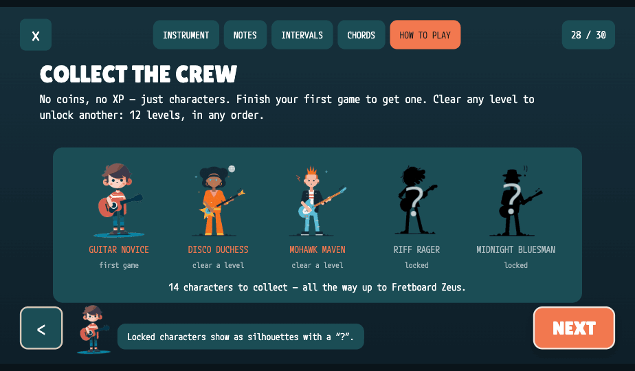 Tutorial screen showing the collectable characters